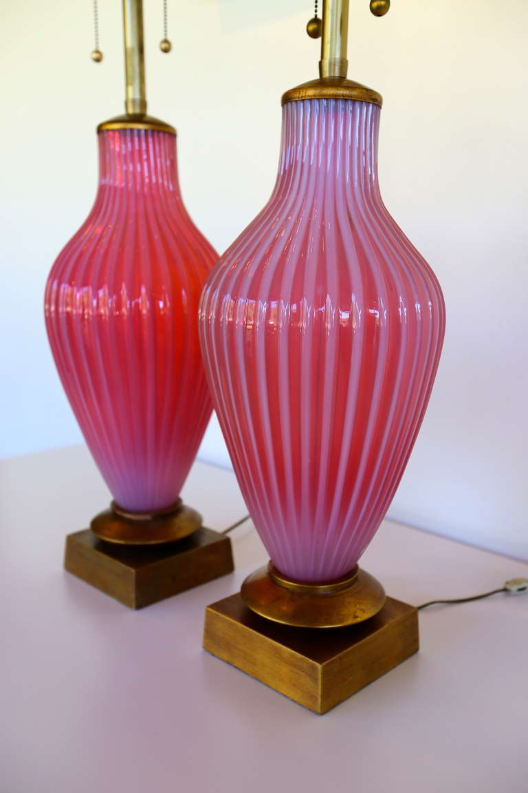Marbro Murano Lamps in Raspberry Opaline Glass.  Manufactured by the Markoff Brothers for Marbro.