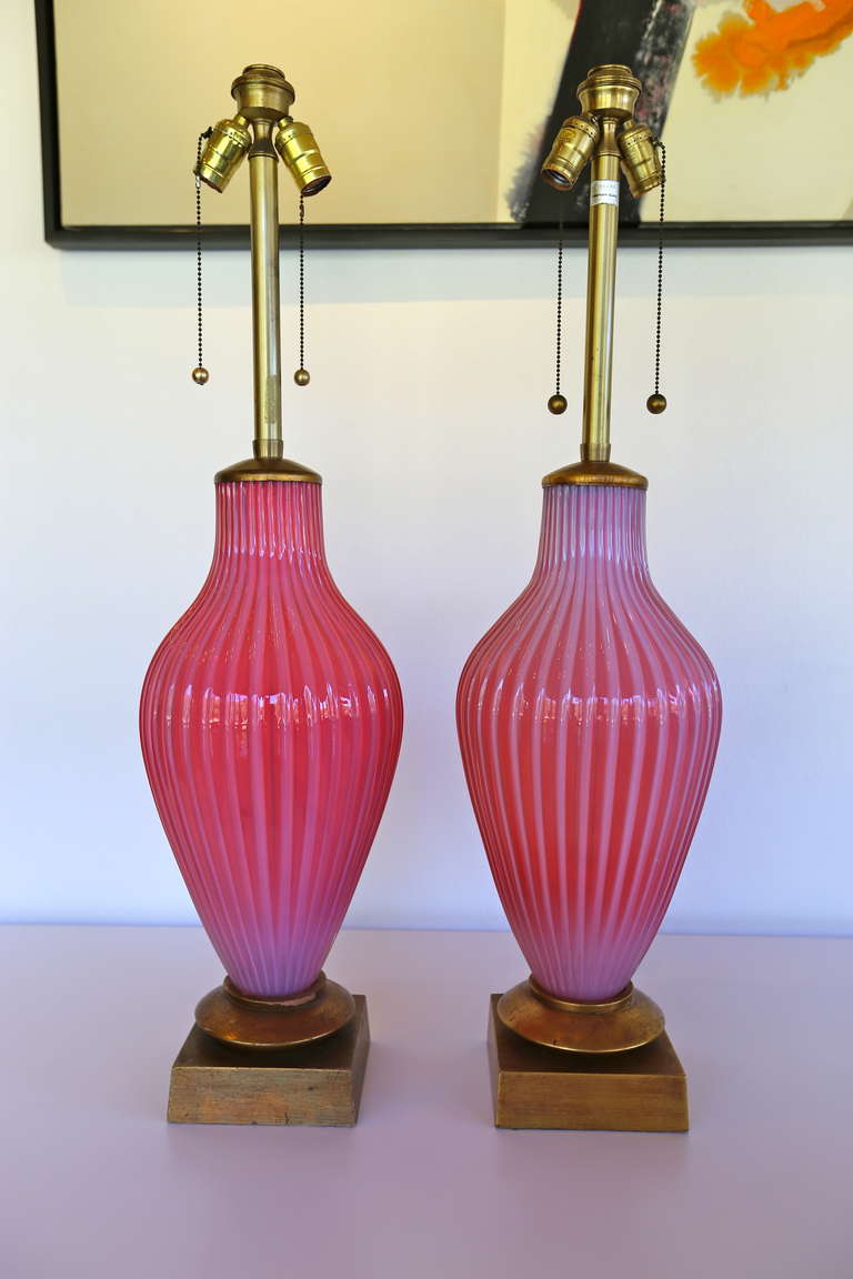 Mid-20th Century Marbro Murano Lamps in Raspberry Opaline Glass