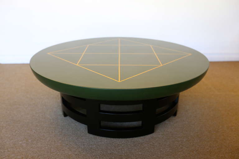 Custom Kittinger Coffee Table.  Leather top with geometric gold detail.