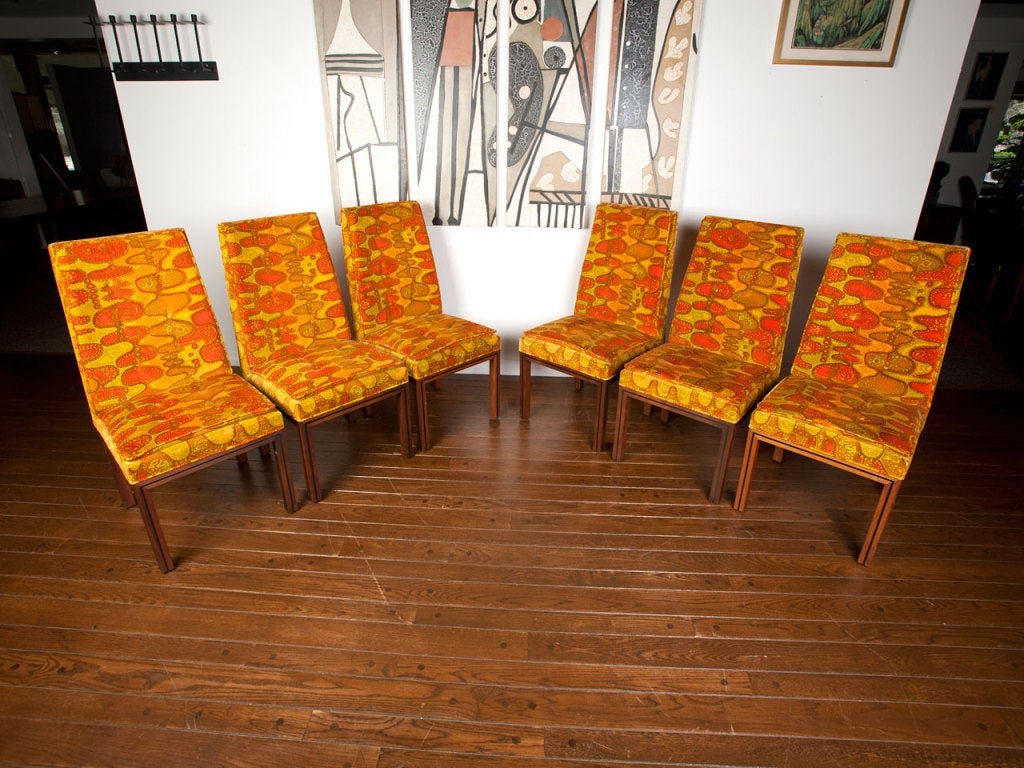 Walnut 6 dining chairs by Robert Baron w/ original  Jack Larsen fabric