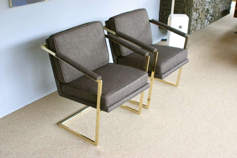 American Pair of Brass Cantilevered Arm Chairs by Richard Thompson