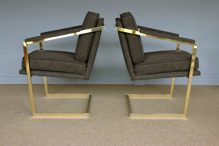 Mid-20th Century Pair of Brass Cantilevered Arm Chairs by Richard Thompson