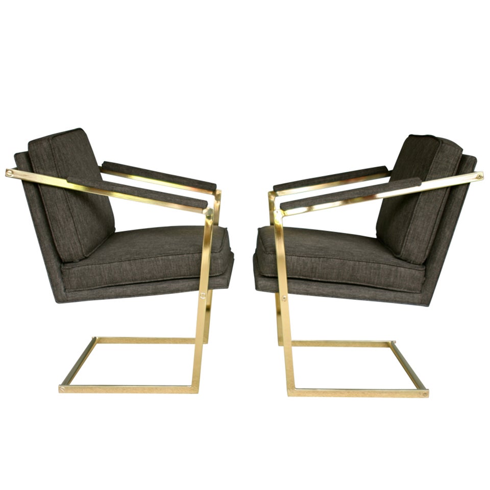 Pair of Brass Cantilevered Arm Chairs by Richard Thompson