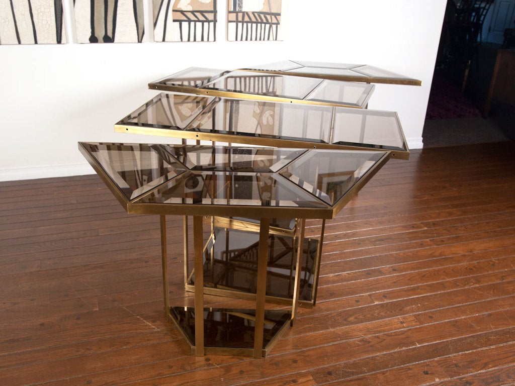 Italian brass and smoked glass dining table.  Multi functional modular design.