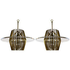 Pair of Brass & Lucite Pendant Lamps