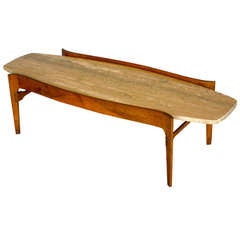 Travertine And Walnut Coffee Table By Bertha Schaefer For M. Singer & Sons 