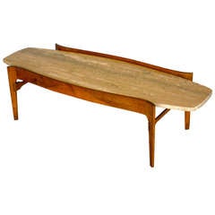 Travertine And Walnut Coffee Table By Bertha Schaefer For M. Singer 
Sons