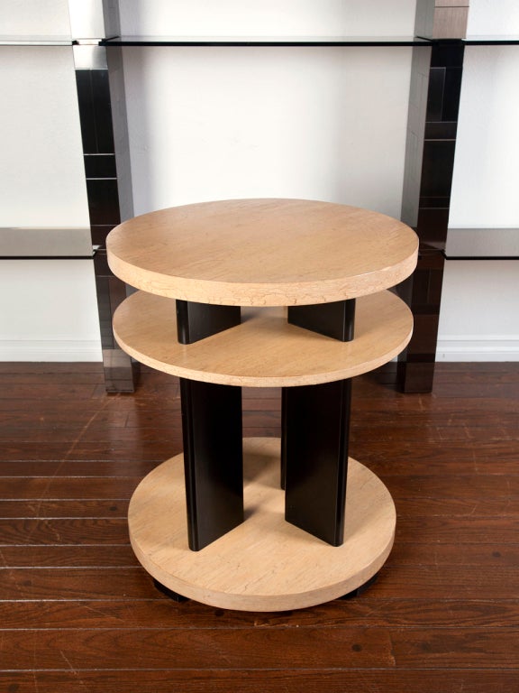 Three tiered round occasional / end / side table designed by PAUL LASZLO.  This piece has been recently refinished in a antique crackle finish with black lacquer.