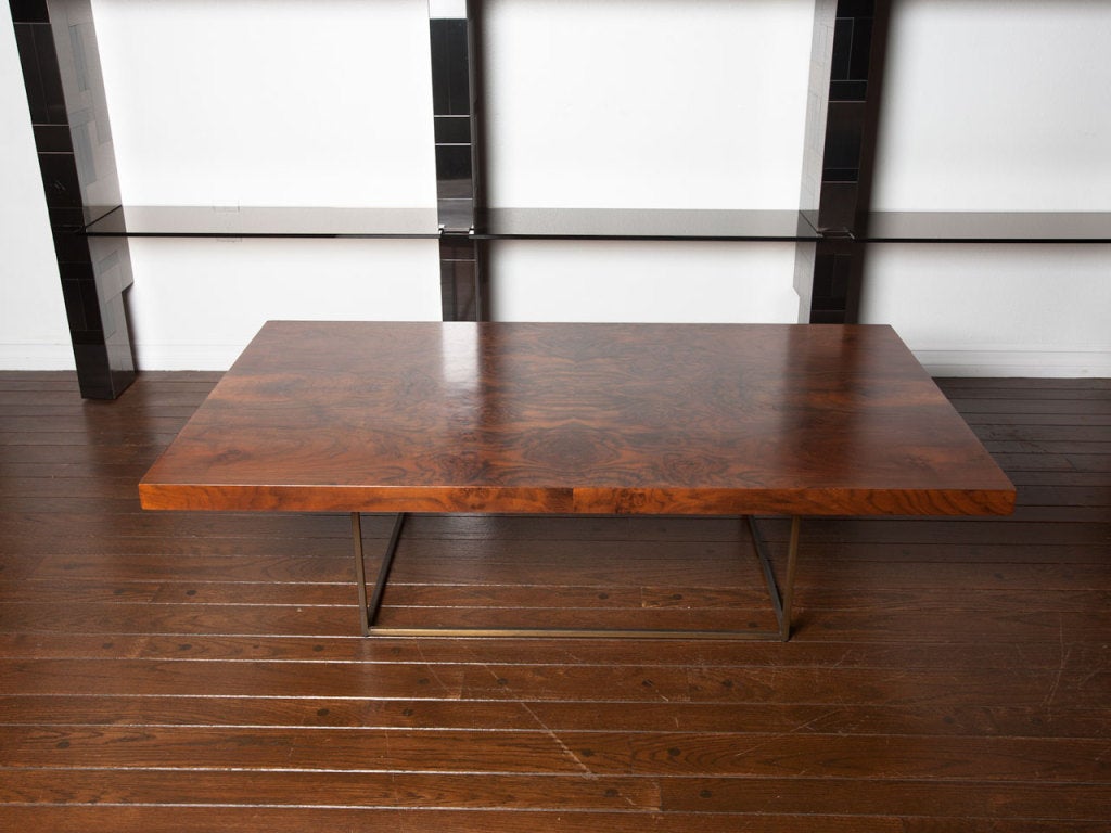 American Black walnut burl and bronze coffee table by Milo Baughman