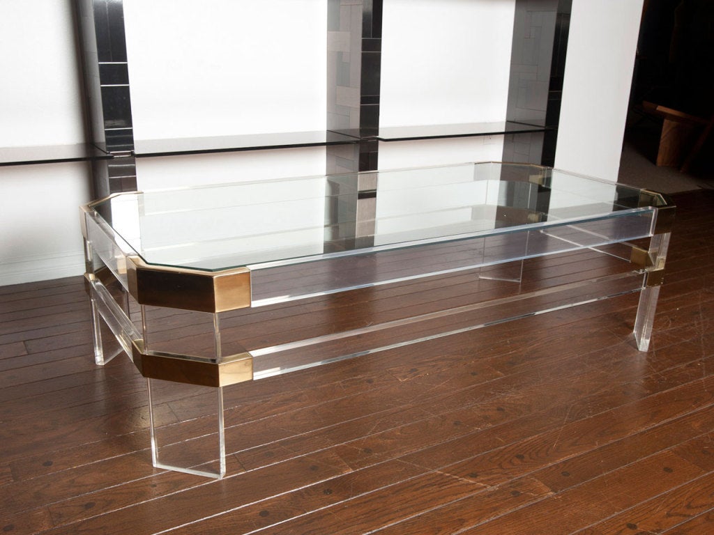 American Lucite & brass coffee table by CHARLES HOLLIS JONES