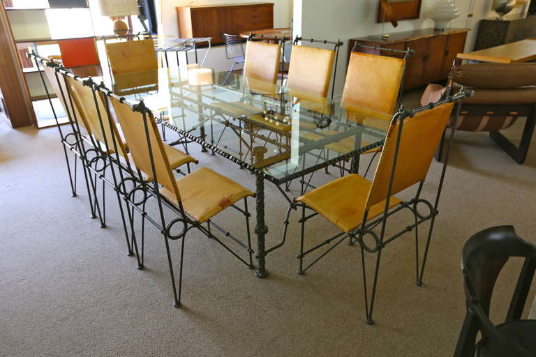 Iron & Leather Dining Set Attributed to Ilana Goor.  Table & Eight Chairs.