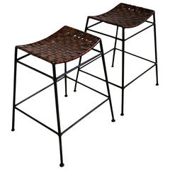Pair of Leather & Iron Barstools