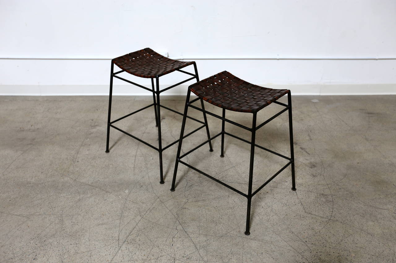 Pair of Leather & Iron Barstools 1