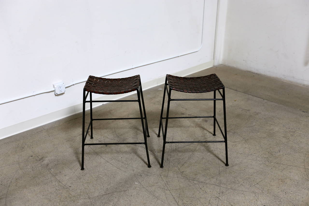 Mid-Century Modern Pair of Leather & Iron Barstools