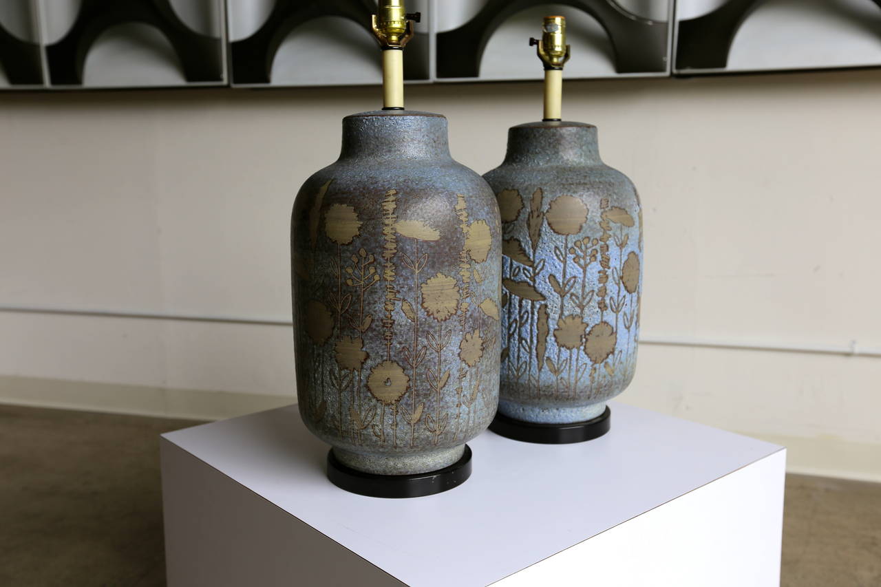Mid-Century Modern Pair of Italian Floral Ceramic Lamps