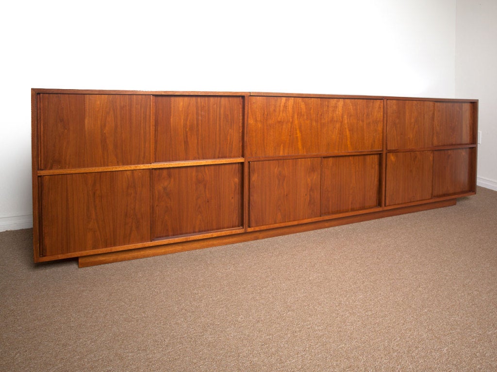 Huge mid century custom stereo record stereo console / credenza / cabinet.  This piece shows beautiful walnut grain with leather accent.  Tons of storage for components, records etc.
