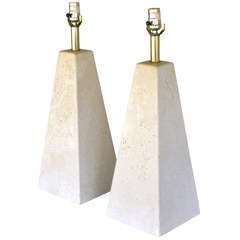 Pair Of Pyramid Shaped Travertine Lamps