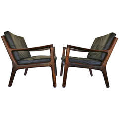 Pair of Rosewood and Leather Lounge Chairs by Ole Wanscher
