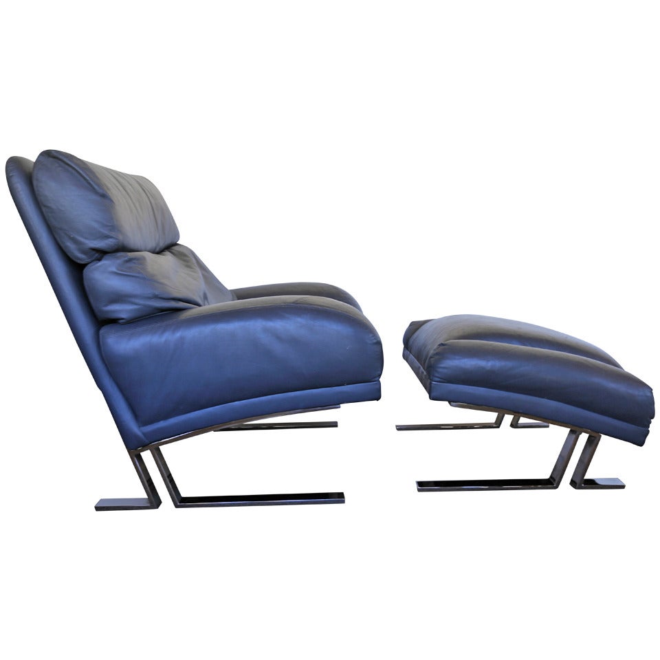 Leather and Chrome Lounge Chair and Ottoman by Milo Baughman