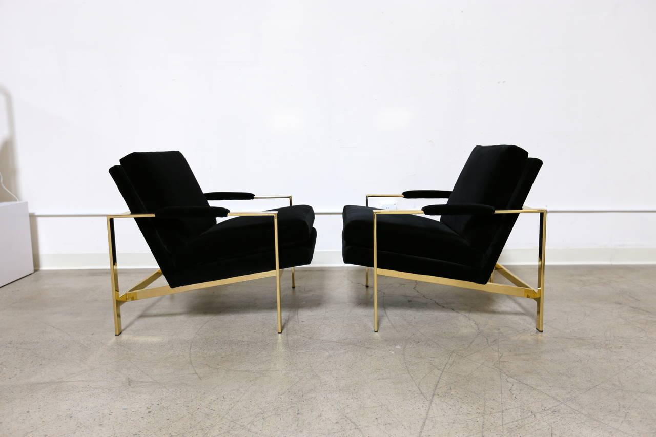 Pair of Mirror Polished Brass Lounge Chairs by Milo Baughman 1