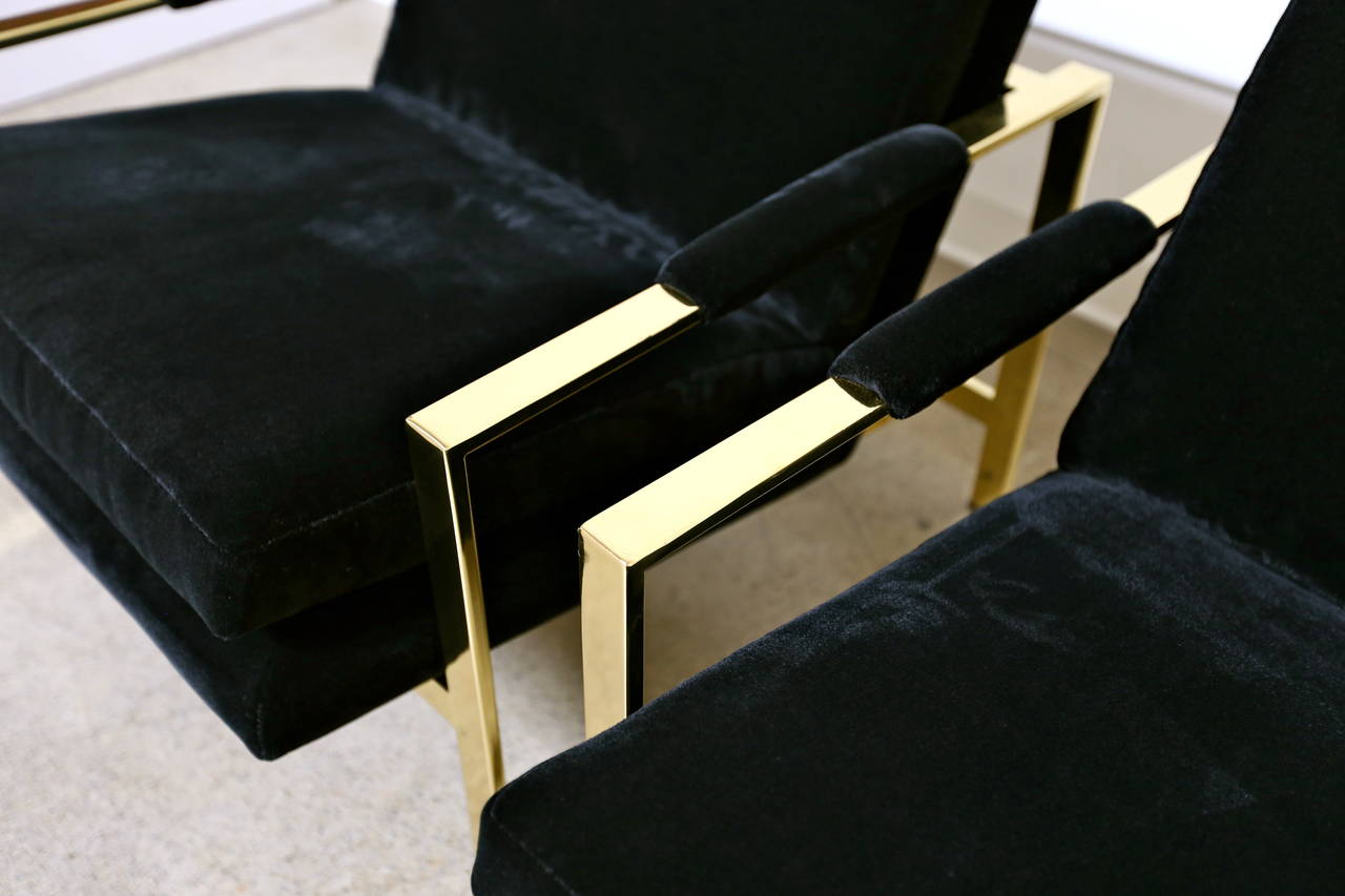 Pair of mirror polished brass and black velvet lounge chairs by Milo Baughman for Thayer Coggin.