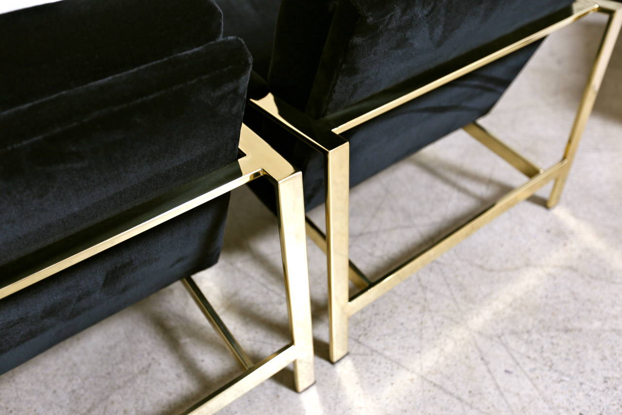 Plated Pair of Mirror Polished Brass Lounge Chairs by Milo Baughman