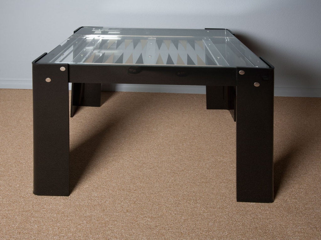 Black and clear lucite backgammon game table.  This piece also functions well as a writing desk.