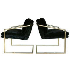 Pair of Brass Cantilevered Lounge Chairs Attributed to Milo Baughman