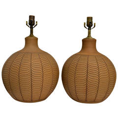 Pair of Incised Ceramic Lamps Signed Brown