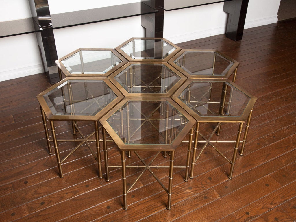 Set Of Seven Faux Bamboo Brass Hexagonal Tables By Mastercraft at 1stDibs