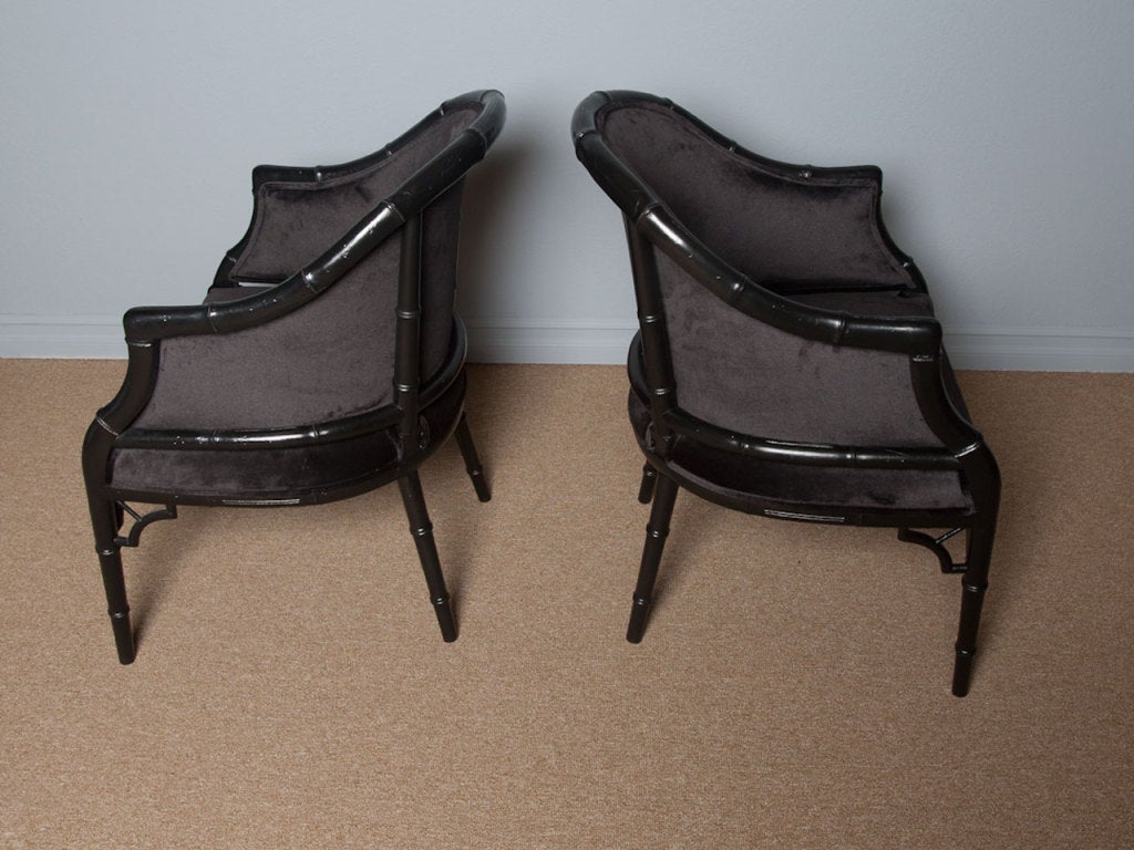 Pair Ebonized Faux Bamboo Barrel Chairs