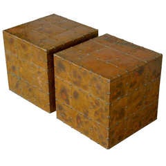 Pair Of Copper Clad Studded Cube Side Tables