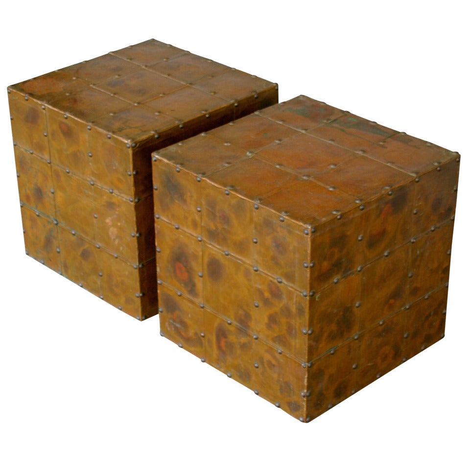 Pair Of Copper Clad Studded Cube Side Tables
