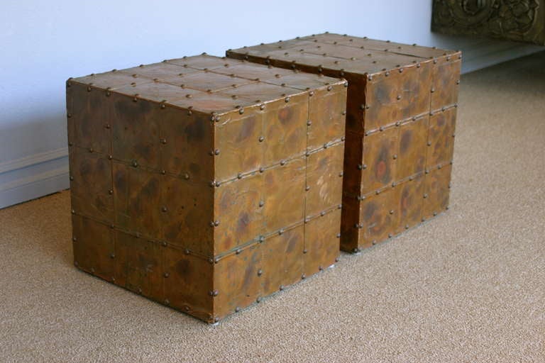 Mid-Century Modern Pair Of Copper Clad Studded Cube Side Tables