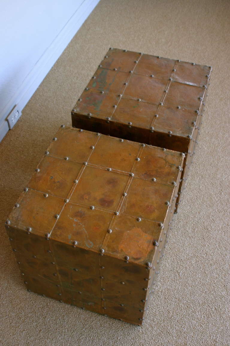 Pair Of Copper Clad Studded Cube Side Tables In Excellent Condition In Costa Mesa, CA
