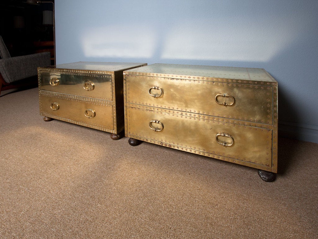 Pair Of Studded Brass Chest By Sarreid Ltd. Of Spain In Excellent Condition In Costa Mesa, CA
