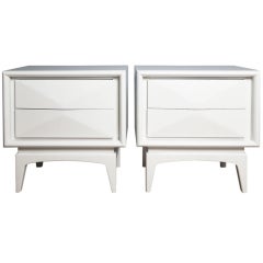 Diamond Front Satin White Lacquered Pair Nightstands