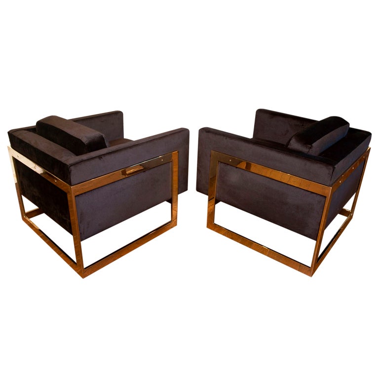 Pair of Brass "Cube" Chairs by Milo Baughman