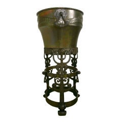 Hand wrought art nouveau iron stand with copper Jardiniere