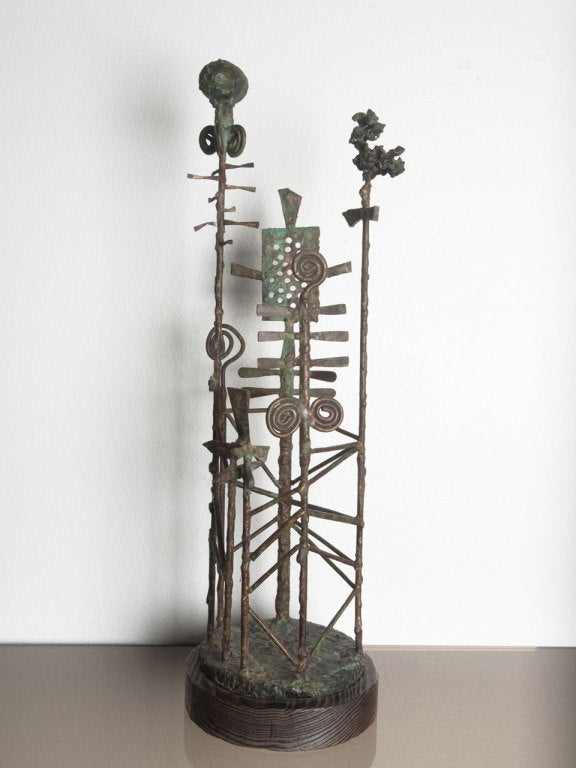 Abstract sculpture by San Diego artist JOE NYIRI.  Welded and braised steel, copper and bronze mounted on pine base.  Late 1960's.