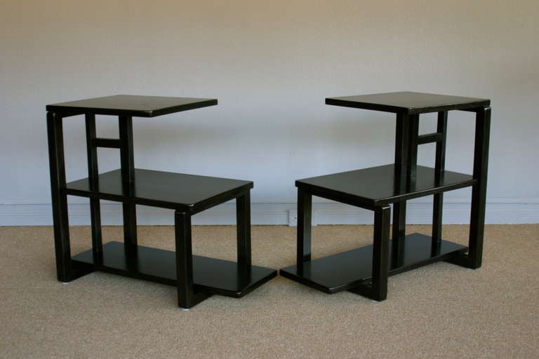 Mid-Century Modern Pair Of Ebonized Three Tiered Side Tables