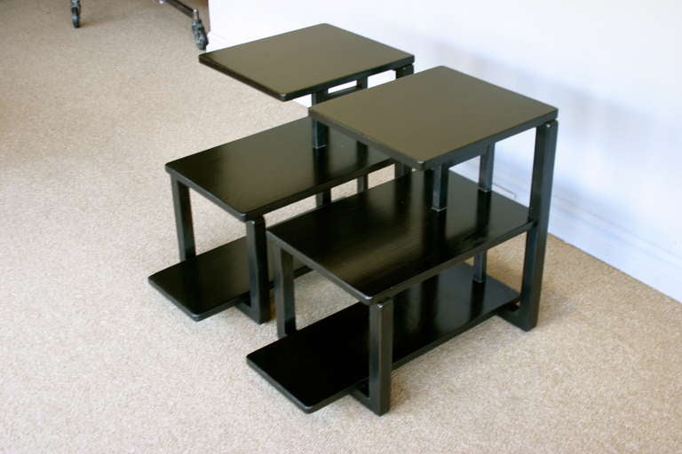 American Pair Of Ebonized Three Tiered Side Tables