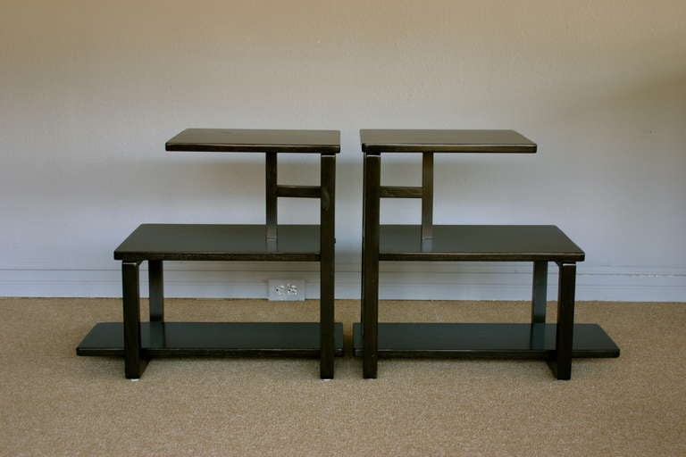 Pair Of Ebonized Three Tiered Side Tables In Excellent Condition In Costa Mesa, CA