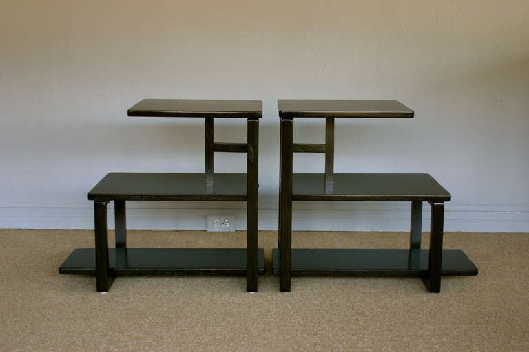 Mid-20th Century Pair Of Ebonized Three Tiered Side Tables