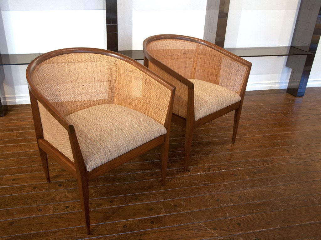 Walnut Pair of Cane Arm Chairs by Kipp Stewart for Directional