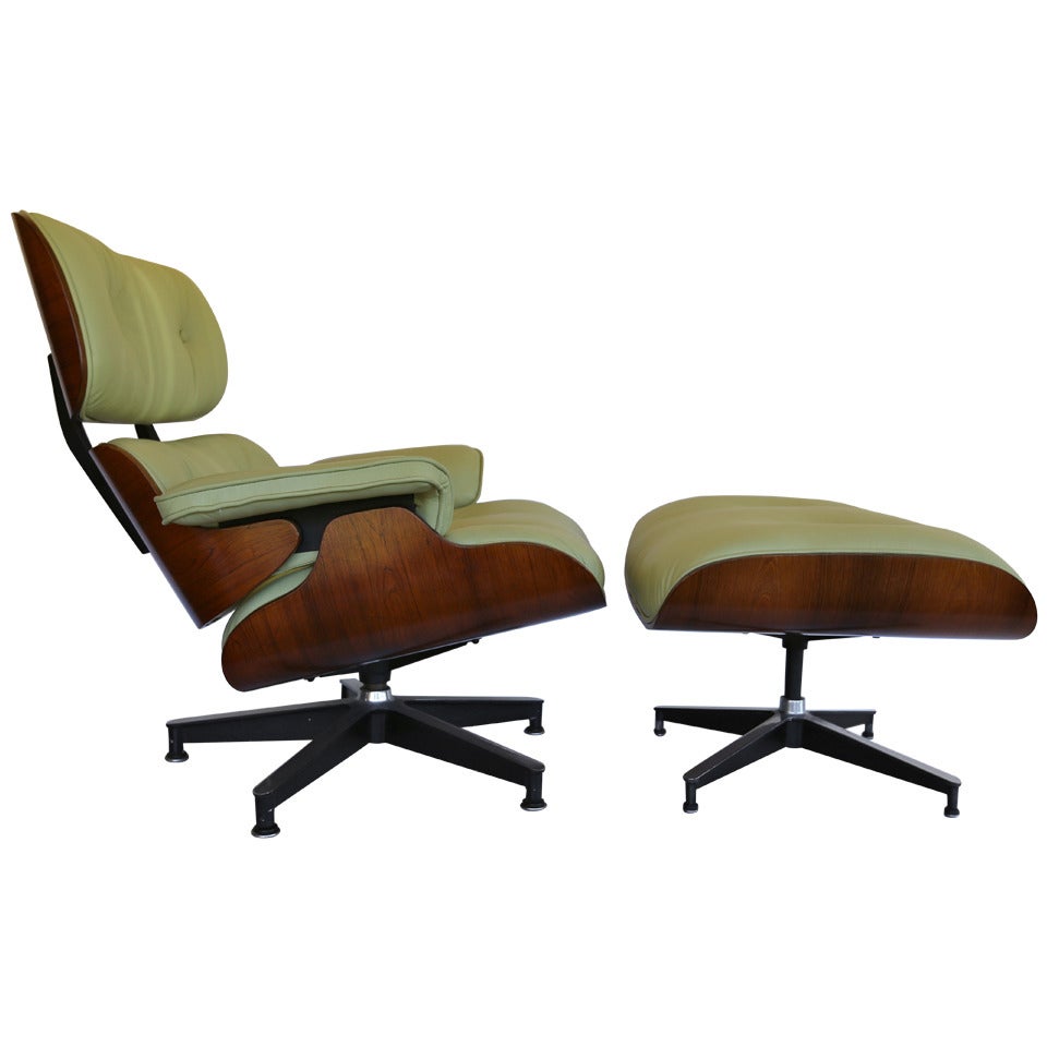 Pistachio Green Leather and Rosewood Lounge Chair by Charles Eames