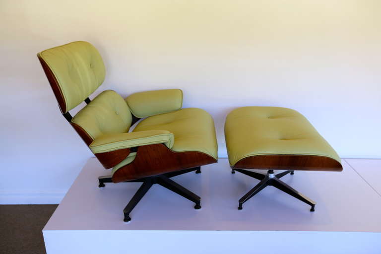 American Pistachio Green Leather and Rosewood Lounge Chair by Charles Eames