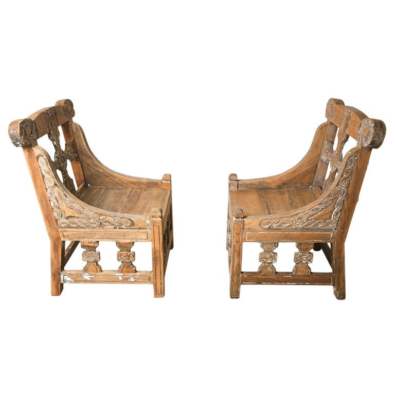 1860's pair pine Celtic slipper chairs