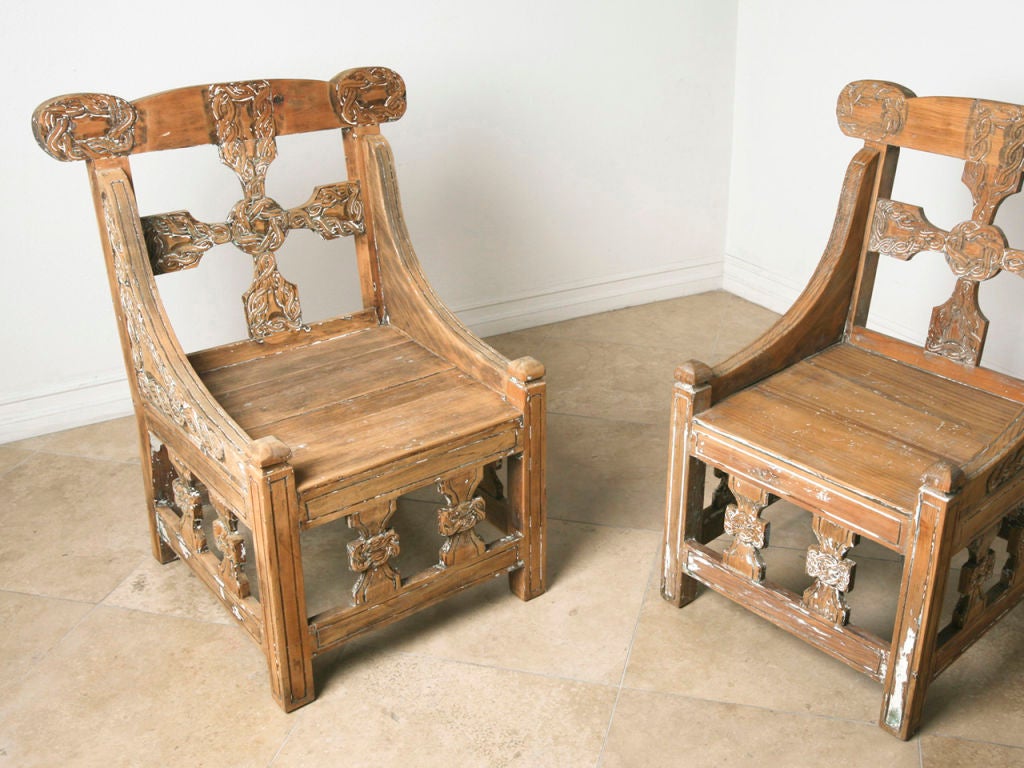 Hand-Carved 1860's pair pine Celtic slipper chairs