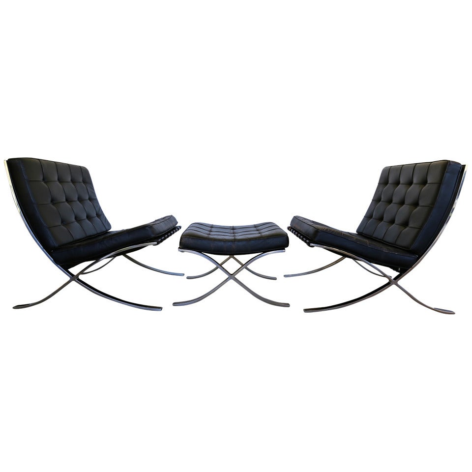 Pair of Knoll 1972 Barcelona Chairs with Ottoman by Mies van der Rohe